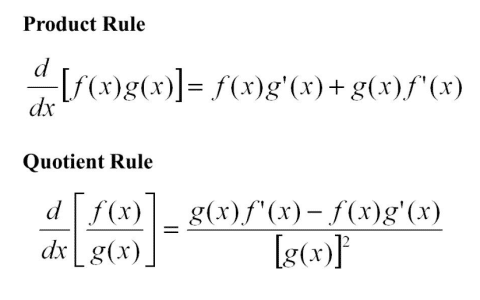 Illustration of the Product Rule and Quotient Rule formulas in calculus for differentiating products and quotients of functions.